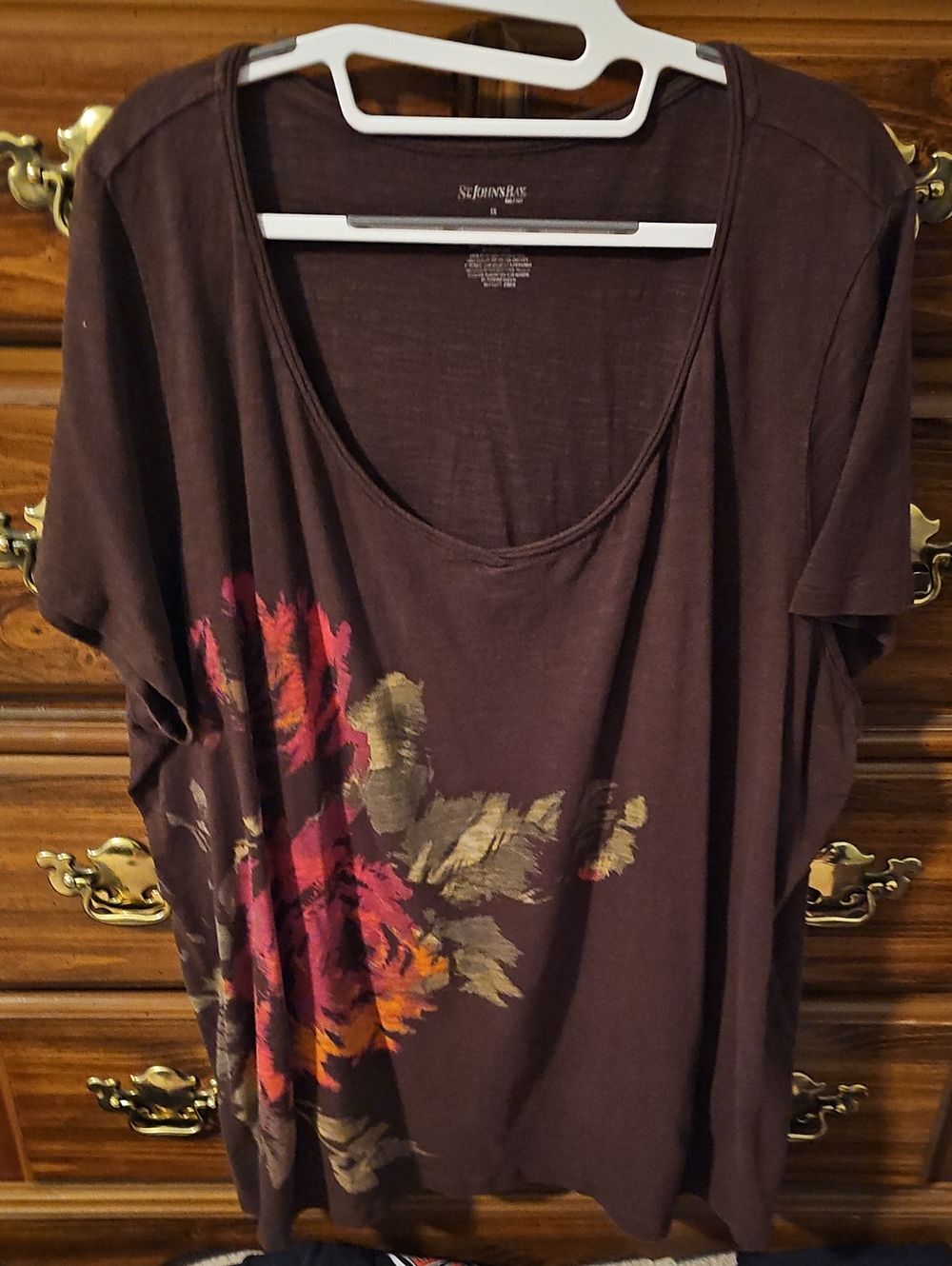 St. John's Bay Brown Scoop Neck Tee with Pink and Orange Floral Print